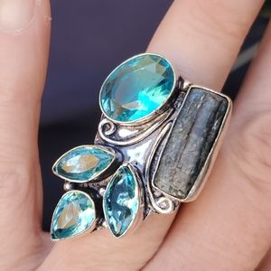 New Rough Kyanite & Blue Topaz 925 Silver Statement Ring.